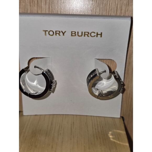 Tory Burch Kira Black & Silver Crystal Hoop Huggy Earrings w/TB Pouch - NWOT - Picture 3 of 8